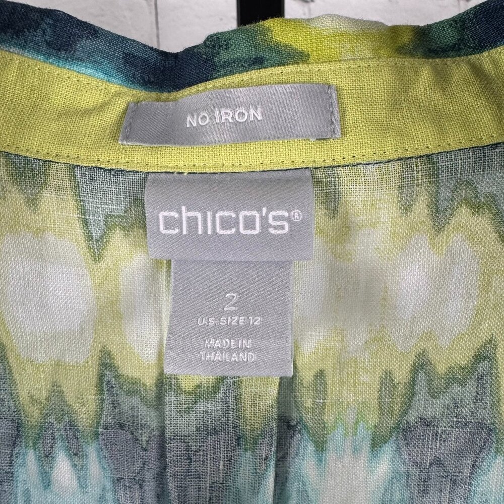 Chico's No Iron 100% Linen Watercolor Tie Dye Green Blue Button Down Size 12 - Picture 2 of 6
